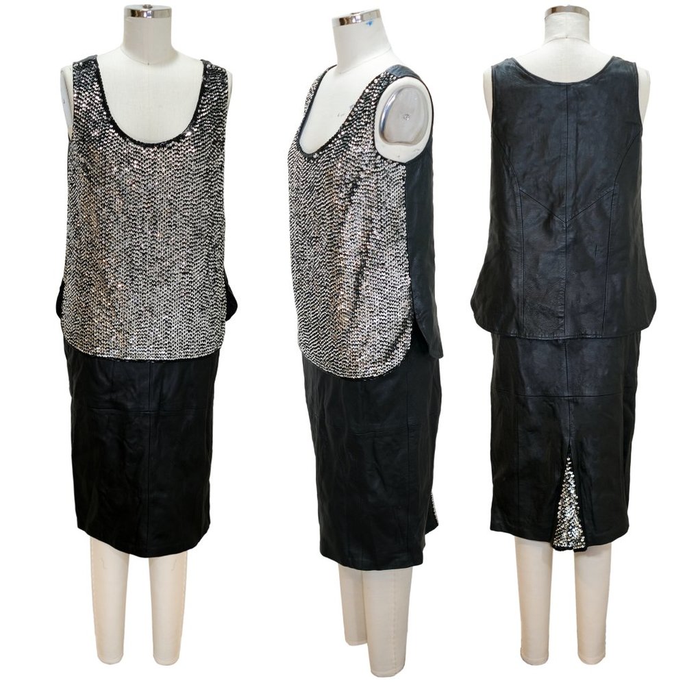 Vintage Leather High Waist Skirt and Tank with Sequins - 2 Piece Set - Size MD